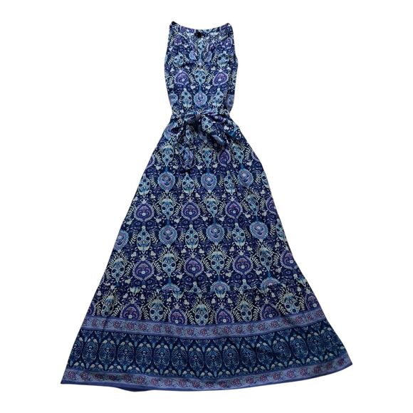 Talbots‎ Dress Women's 8 Blue Maxi Floret Medallion Sleeveless Floral Tie Boho - Picture 1 of 13